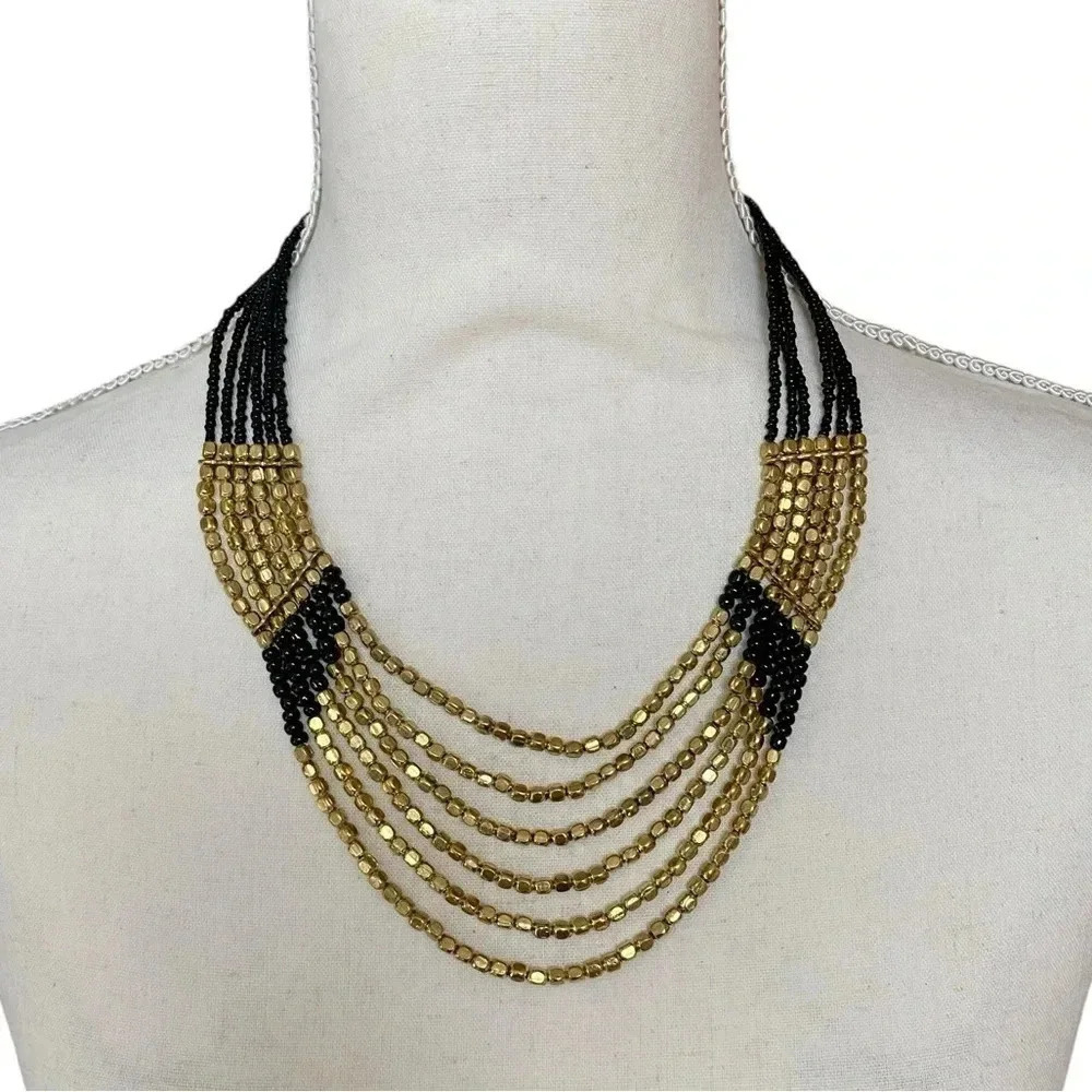 ZAD Black Gold Multi Strand Beaded Bib Statement Necklace NWT